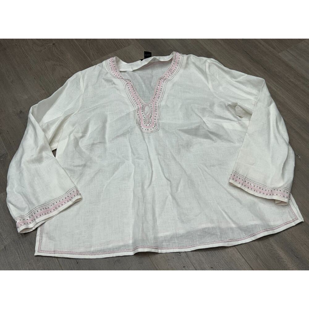 Grace Elements Womens White Linen‎ Embroidered Trim Boho Blouse Top Plus Size 3X